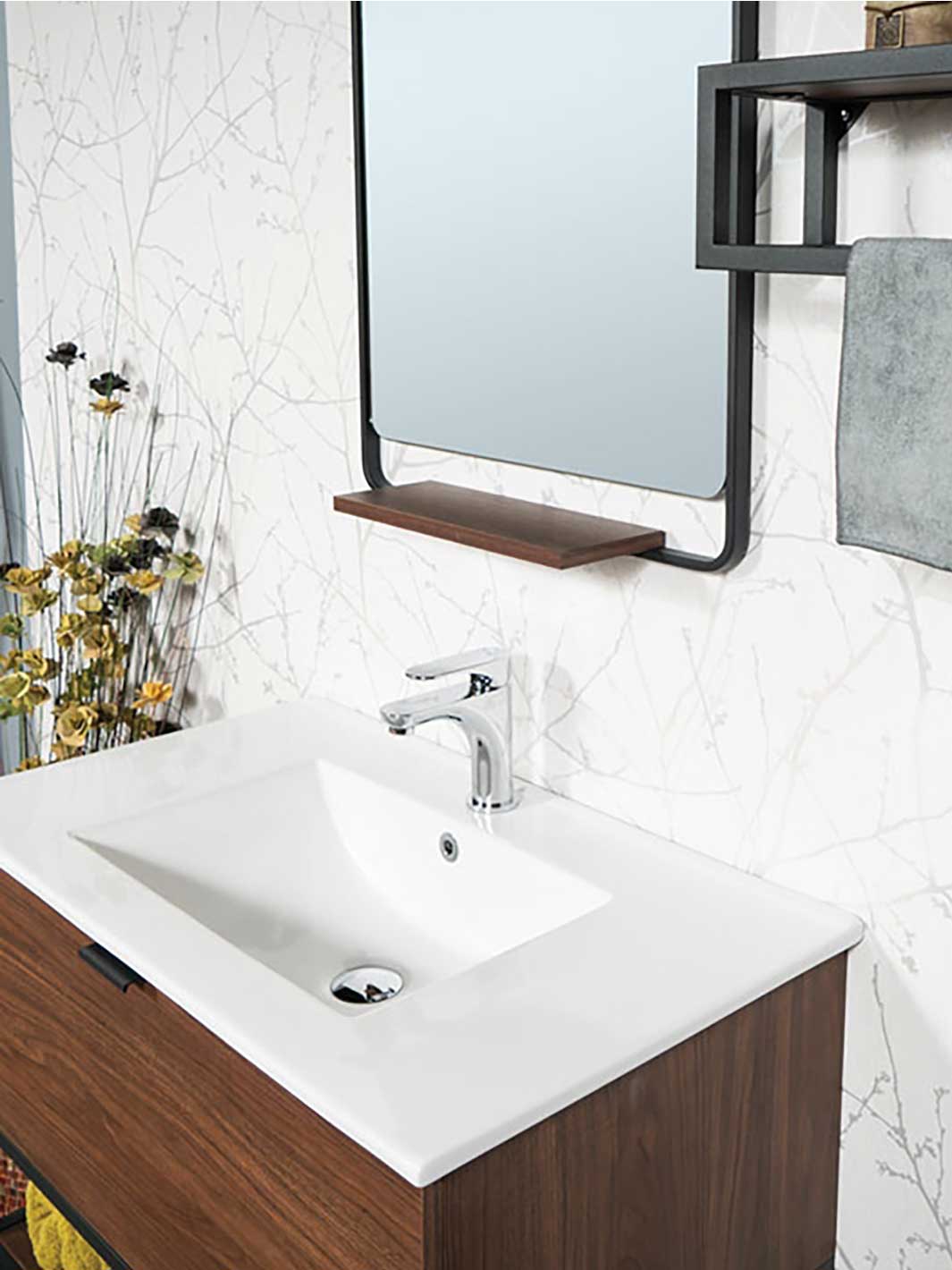 white ceramic sink with chrome faucet included with vanity