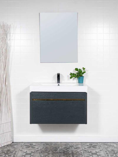 Floating style vanity with dark grey finish, unframed mirror, ceramic sink, and black faucet