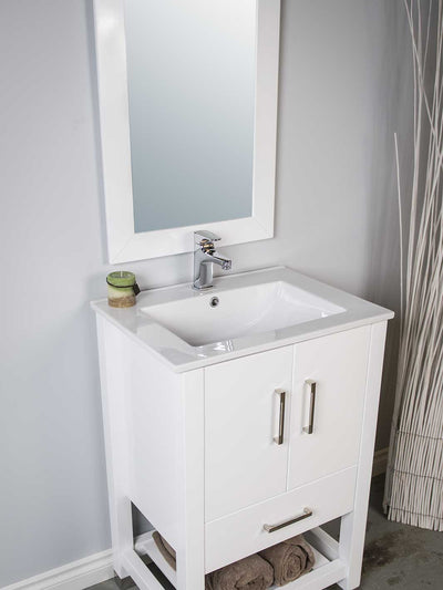 24 inch white vanity with open bottom shelf, white ceramic sink, and chrome faucet