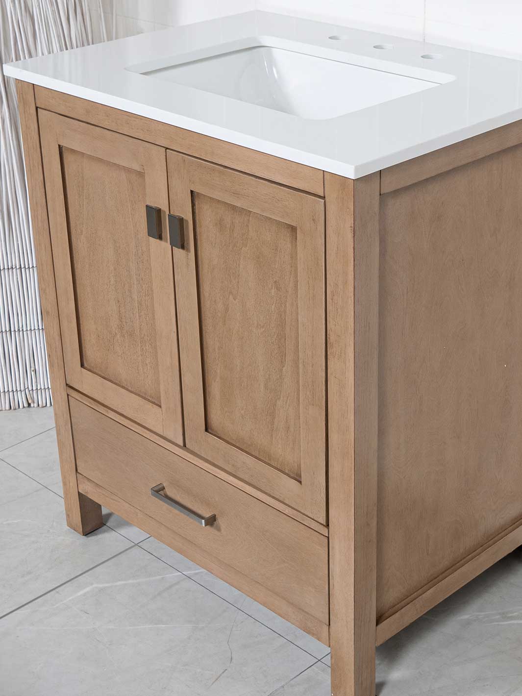 30 inch vanity wood veneer finish with white quartz counter with attached undermount sink