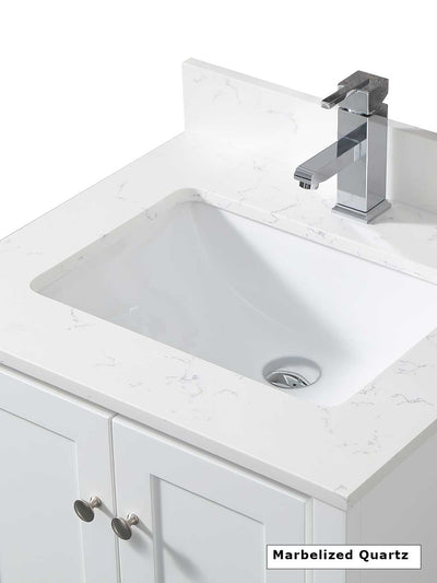 marble quartz counter with chrome faucet