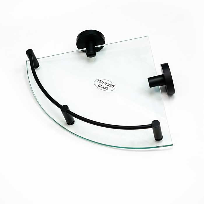 Matte Black Corner shelf for a shower modernbathrooms.ca