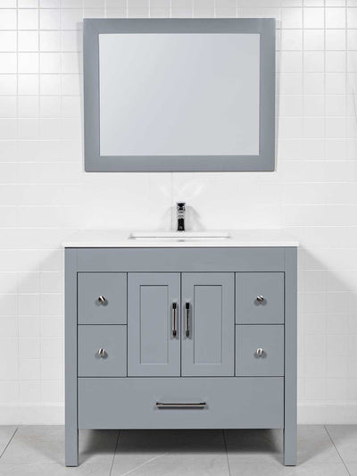 black vanity with matching mirror, white counter