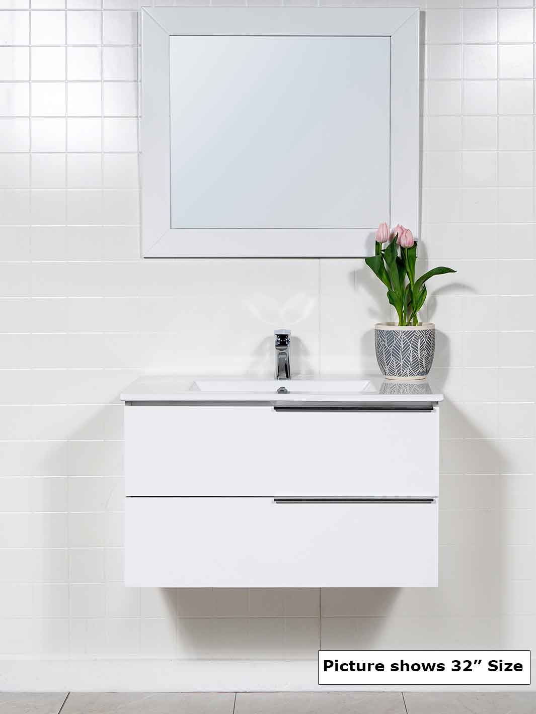 floating vanity white two drawers. white ceramic sink, chrome faucet and white wood framed mirror