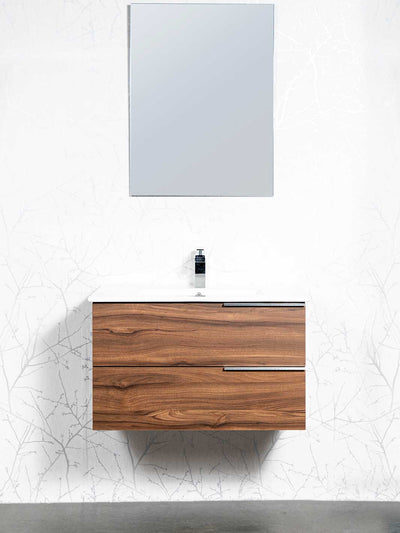 Floating vanity walnut wood grain finish. White ceramic sink, chrome faucet and frameless mirror