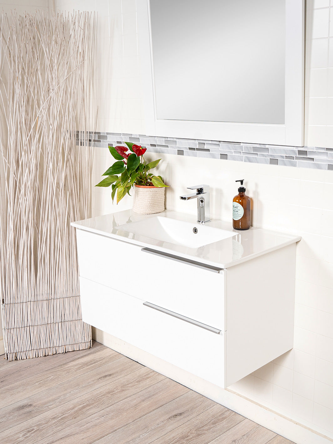 white wall hung vanity with 2 drawers, chrome faucet, white wood mirror