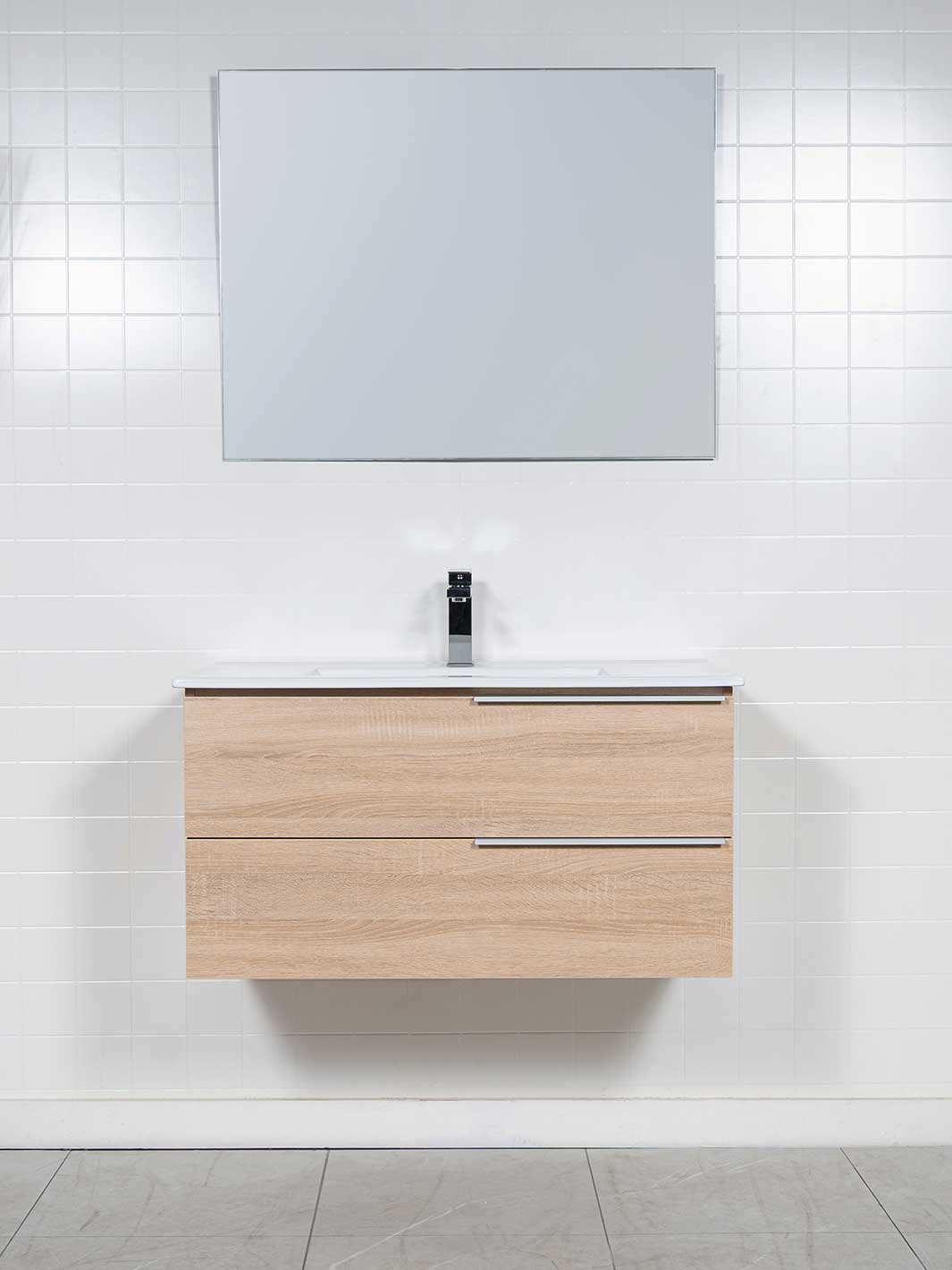 36 inch floating vanity in a wood grain finish with unframed mirror