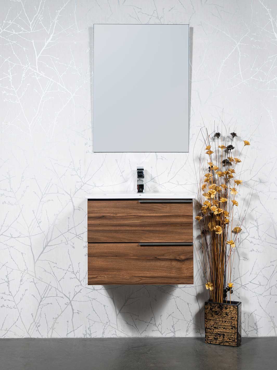 floating vanity wood grain finish two drawers. white ceramic sink, chrome faucet and frameless mirror