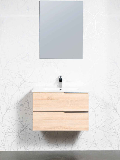 28 inch floating vanity wood grain finish. White ceramic sink, chrome faucet and frameless mirror