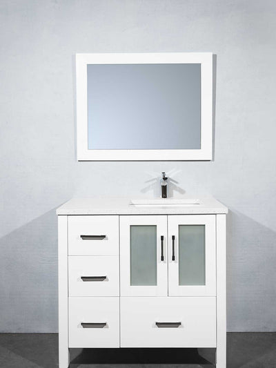 bathroom vanity 36 inches wide in white with quartz counter, mirror and faucet