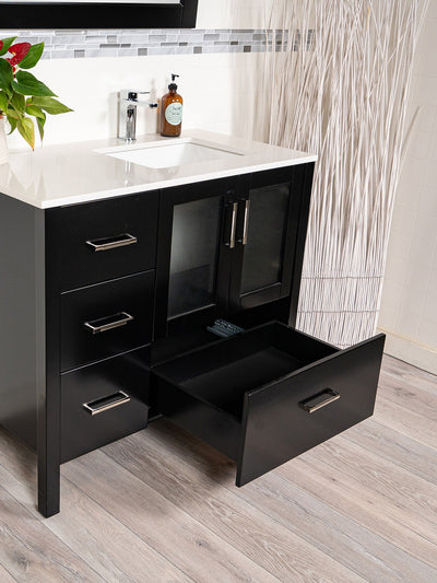 black vanity with drawer on the bottom