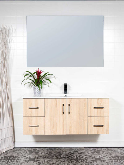48 inch floating vanity in a beech colour wood grain finish. white ceramic sink and unframed mirror