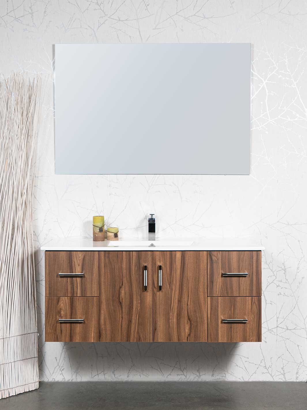 48 inch floating vanity in wood grain finish. there are two drawers on either side and a sink in the center. large unframed mirror
