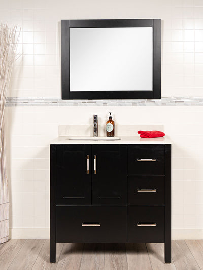 36 inch black vanity with offset sink. white quartz. matching mirror