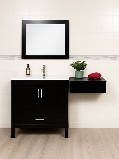 black makeup table next to a vanity