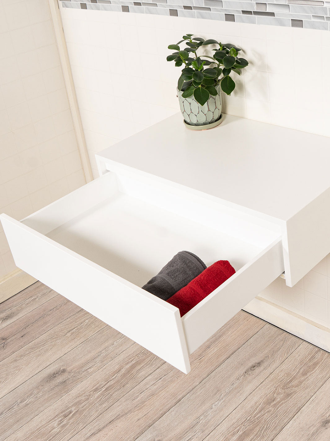 white make up table with drawer open