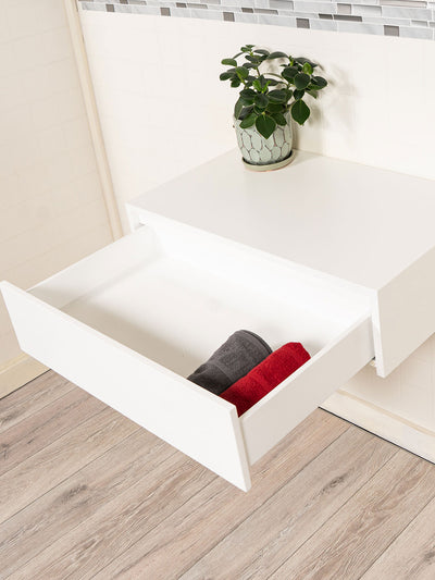 white make up table with drawer open