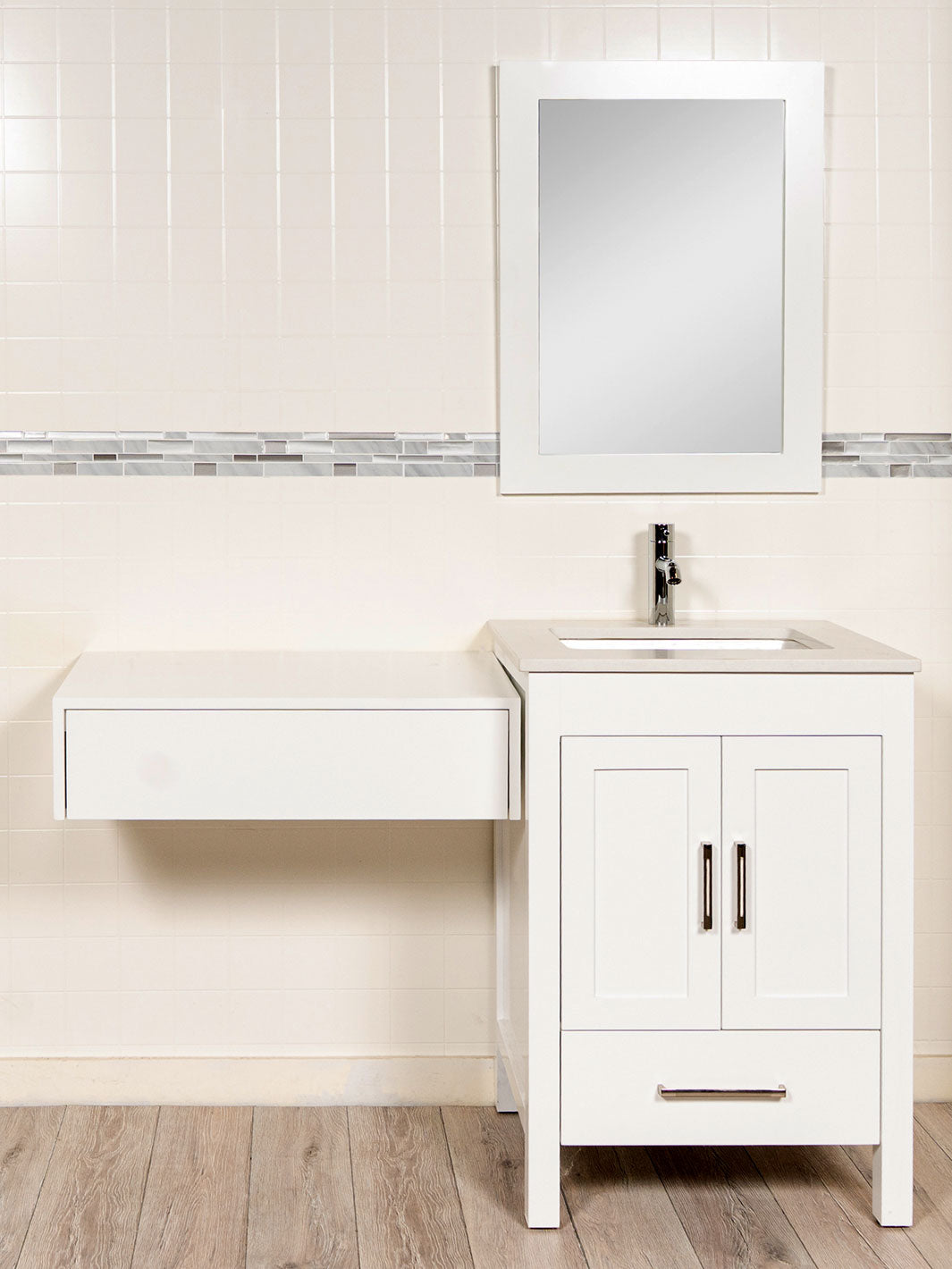 floating makeup table next to a vanity