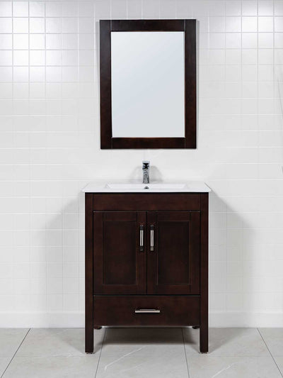 28 inch chocolate brown vanity with matching mirror, white ceramic sink, and chrome faucet
