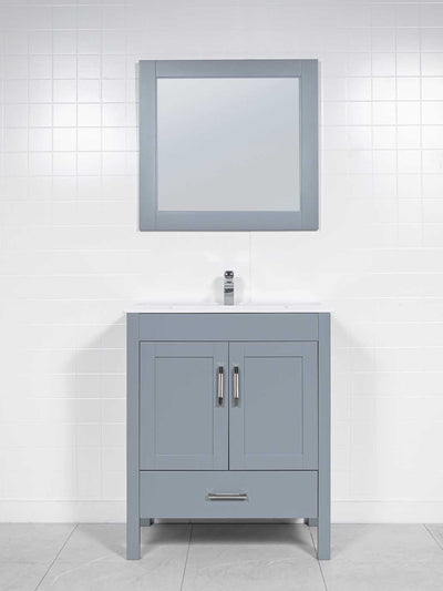 30 inch grey vanity with matching mirror, white ceramic sink, and chrome faucet