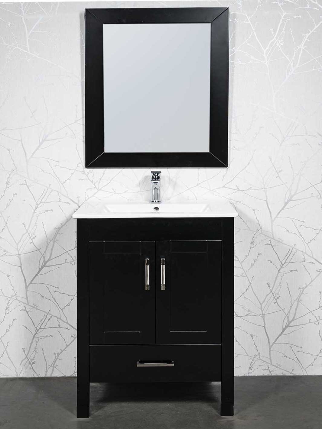 30 inch black vanity with white carmic sink, chrome faucet and black framed mirror