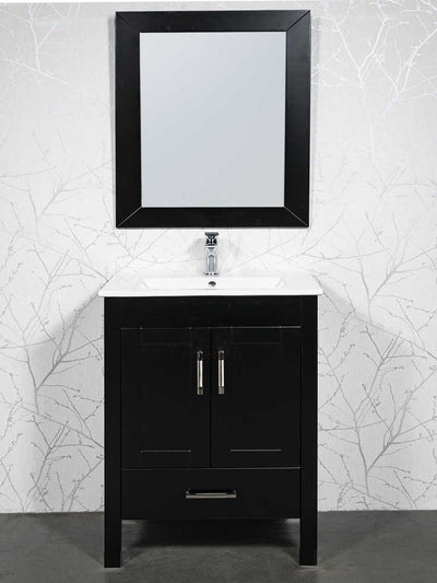 30 inch black vanity with matching mirror, white ceramic sink, and chrome faucet