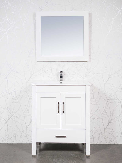 30 inch white vanity with matching mirror, white ceramic sink, and chrome faucet