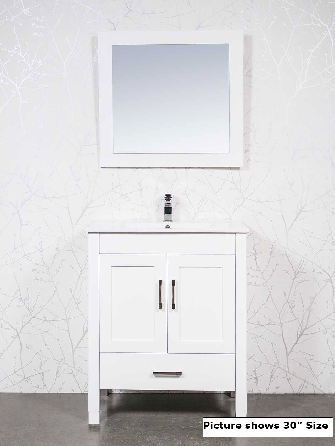 white vanity with white framed mirror, white ceramic sink, and chrome faucet
