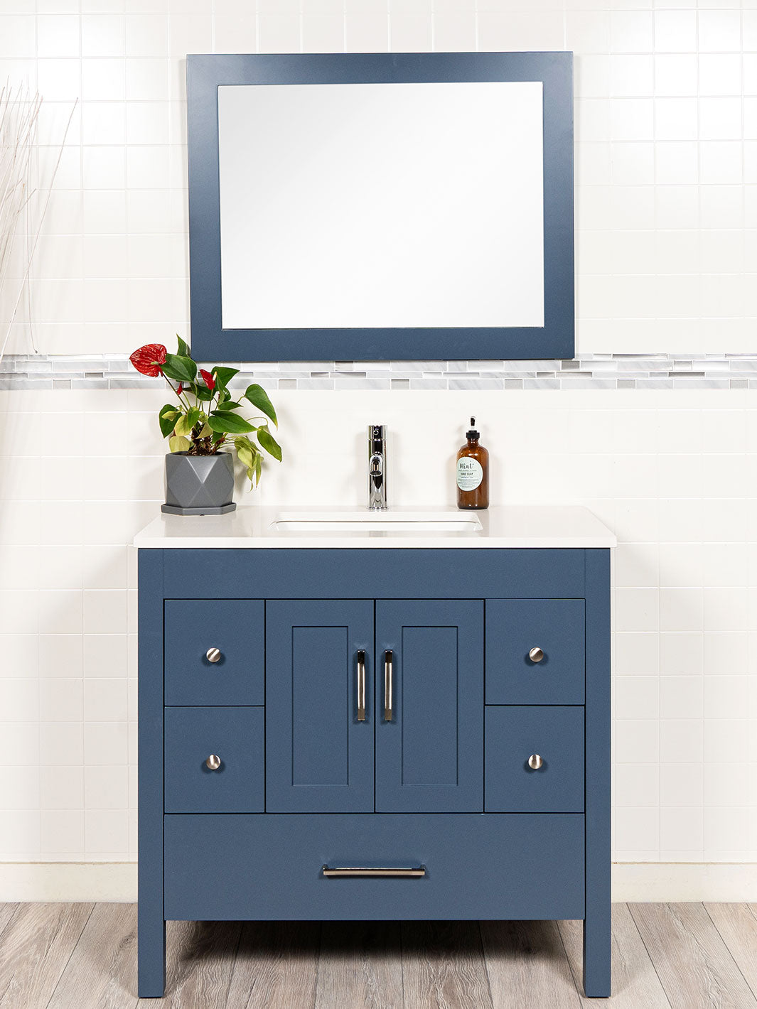 monarch blue vanity. matching mirror. chrome faucet