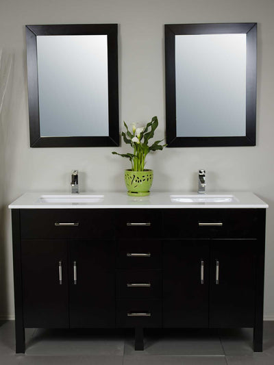 60 inch black double vanity with white counter. two matching wood framed mirrors