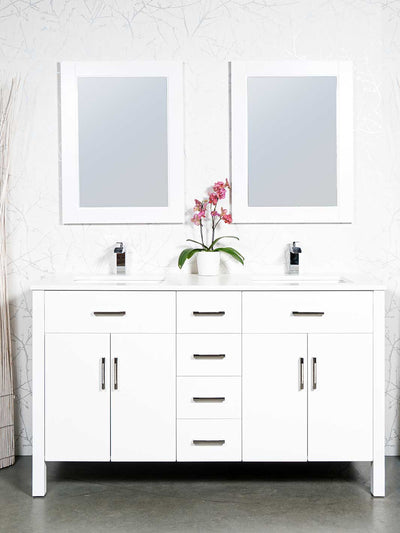 60 inch double sink vanity in white. two white wood framed mirrors. chrome faucets