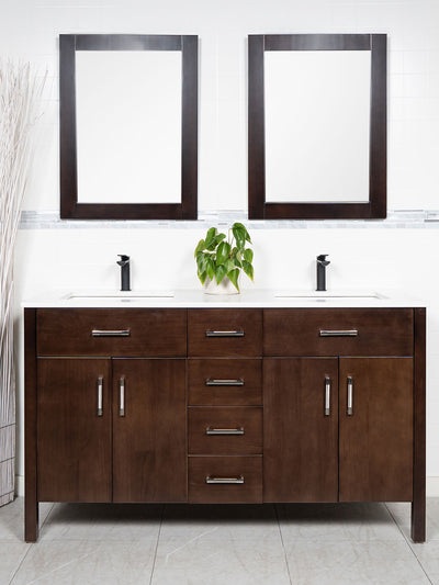 60 inch double sink vanity in chocolate brown. two matching wood framed mirrors and a white counter