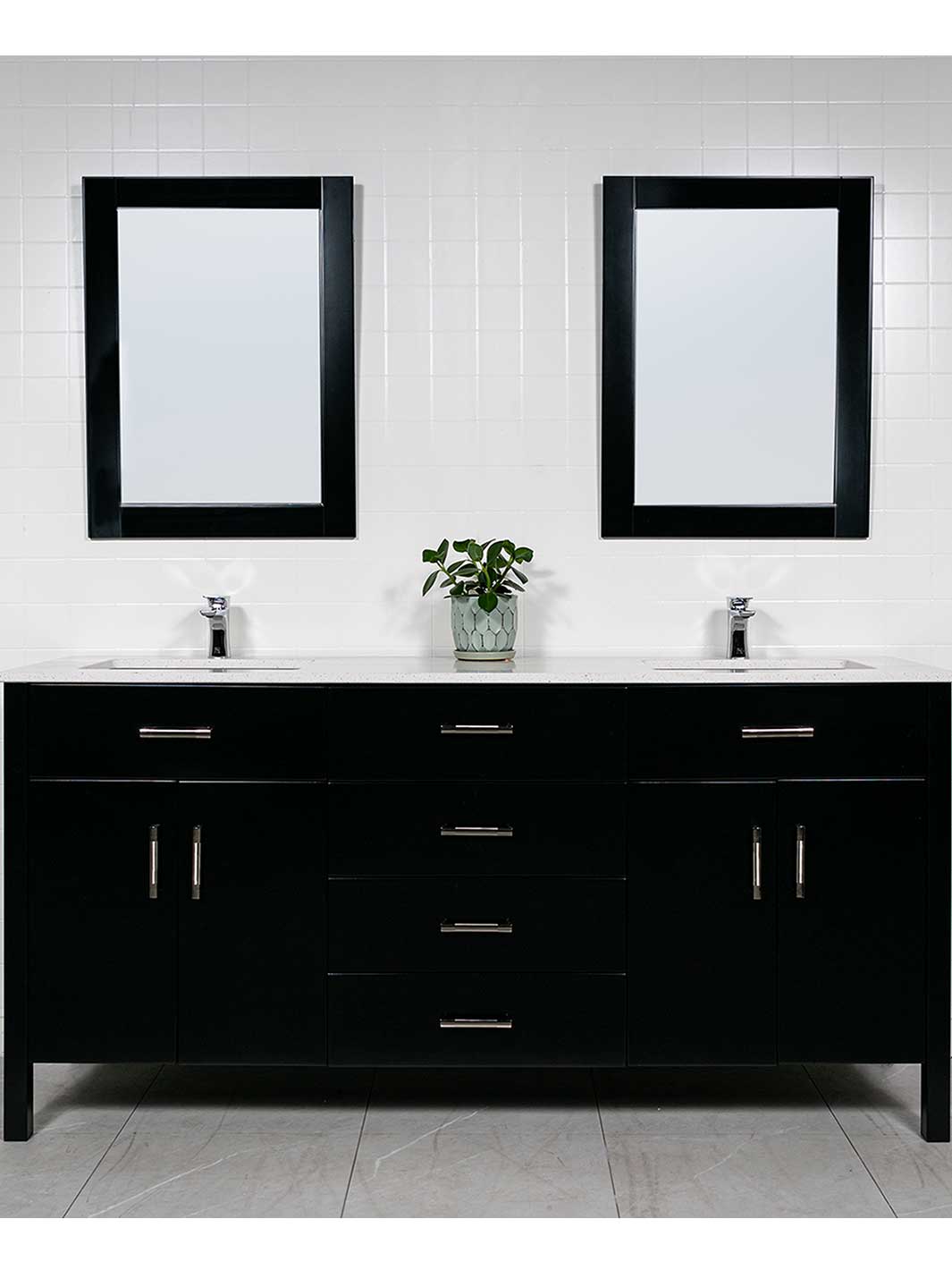 72 inch double vanity with black cabinet and white counter. two matching wood framed mirrors
