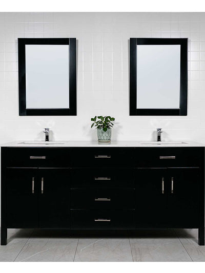 72 inch double vanity with black cabinet and white counter. two matching wood framed mirrors