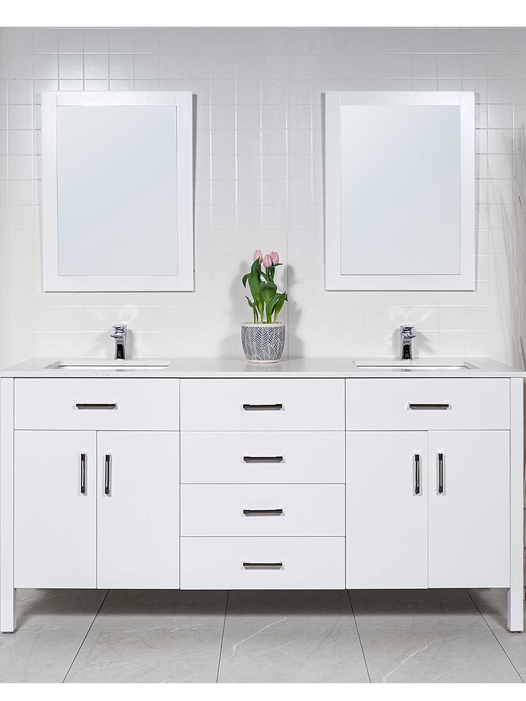 72 inch double vanity in white with two matching wood framed mirrors. chrome faucets