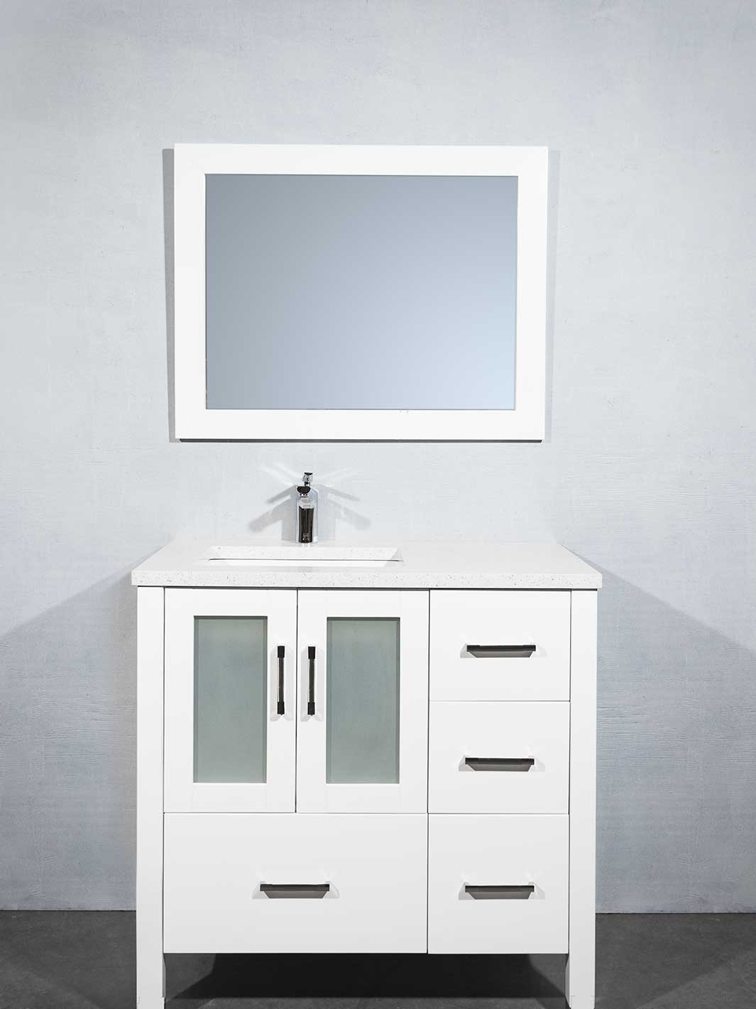 36 inch bathroom vanity in white with quartz counter, faucet and matching mirror