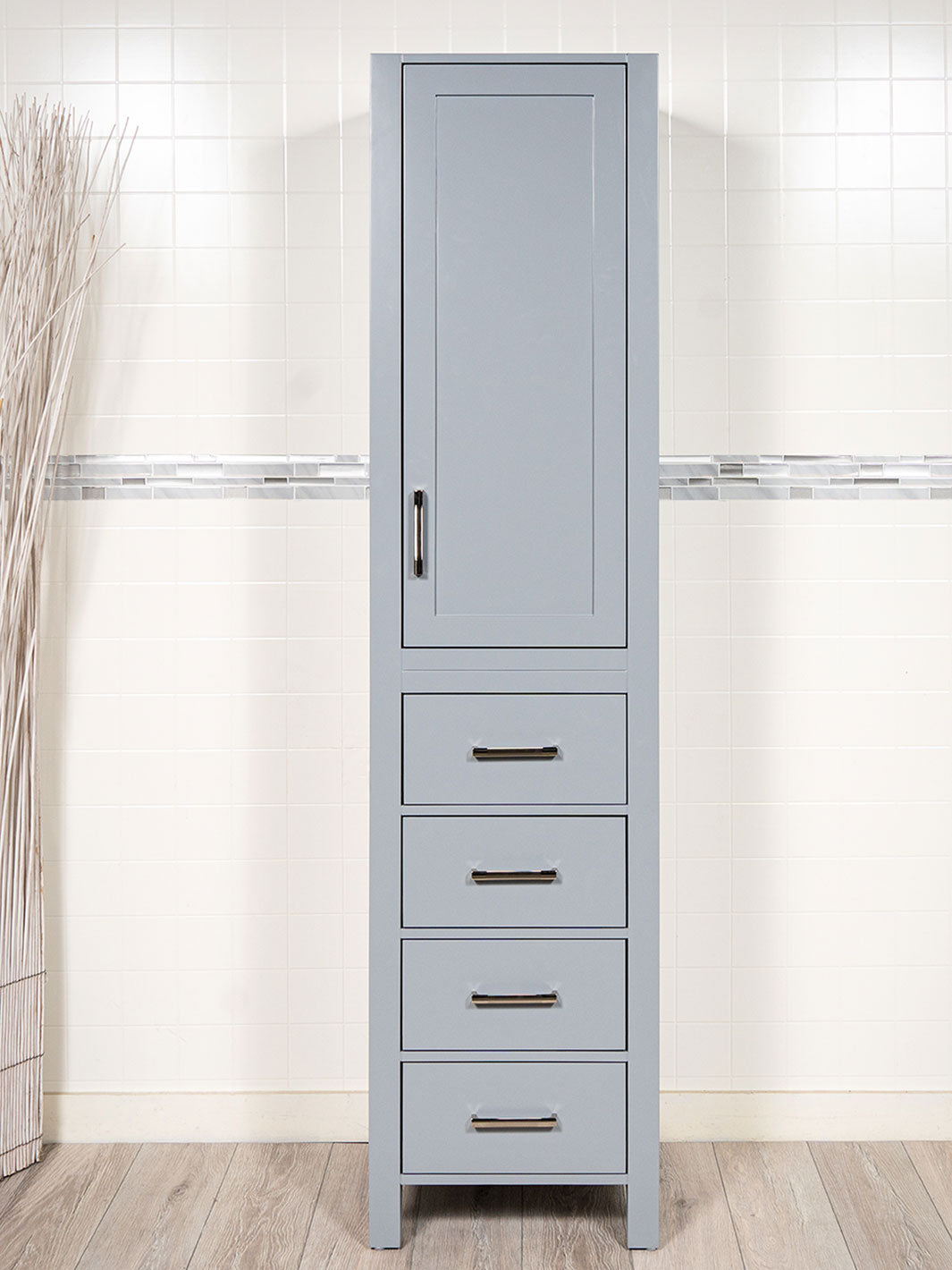 linen cabinet in grey. Cupboard at the top and 4 drawers at the bottom