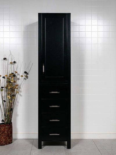 black bathroom linen cabinet with a cupboard at the dtop and 4 drawers at the bottom
