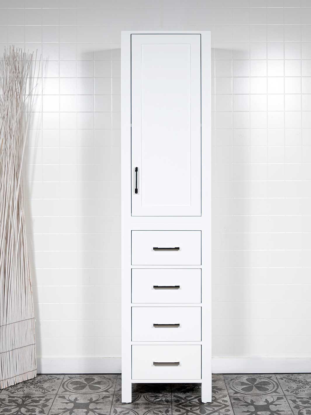 bathroom linen cabinet in white with cupboard at the top and 4 drawers at the bottom