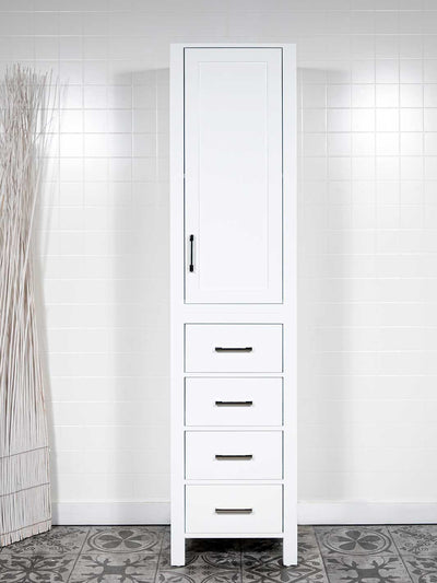 bathroom linen cabinet in white with cupboard at the top and 4 drawers at the bottom