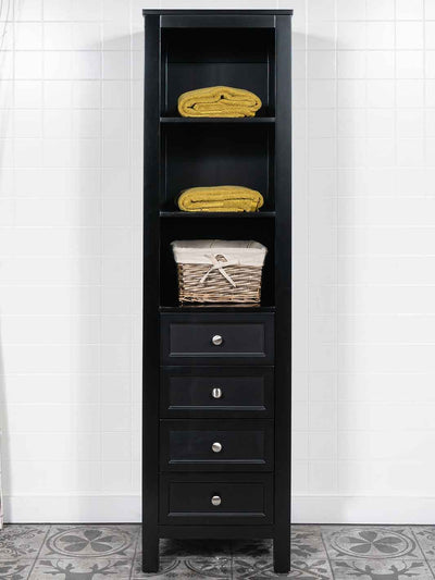 Linen cabinet with 3 open shelves at the top and 4 drawers at the bottom