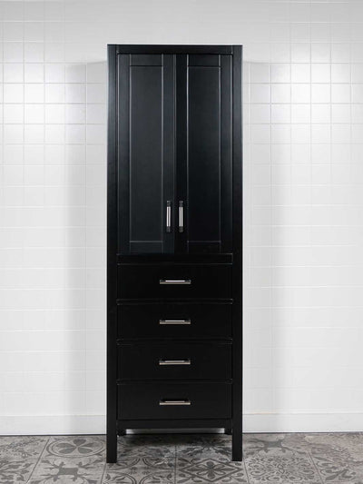 black bathroom linen cabeint with double doors at the top and four drawers at the bottom