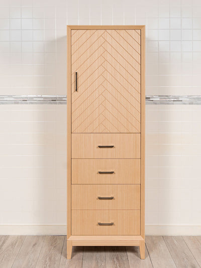 bathroom linen cabinet in light oak with herringbone design