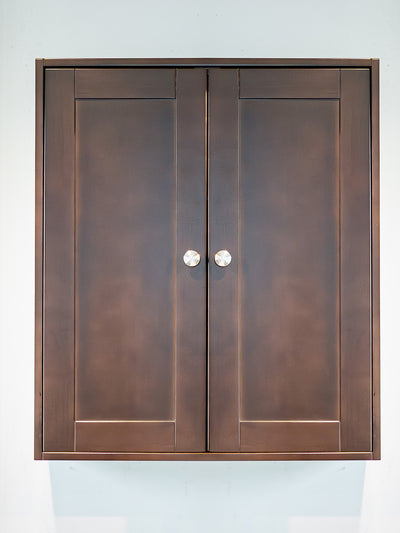 bathroom wall cabinet in chocolate brown with 2 shaker style doors. 