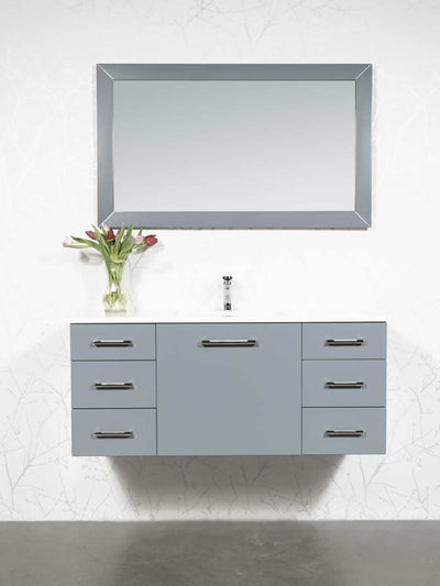 48 inch floating vanity in cashmere grey finish with white counter. matching grey mirror