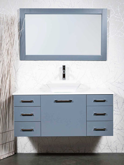 grey vanity with vessel sink