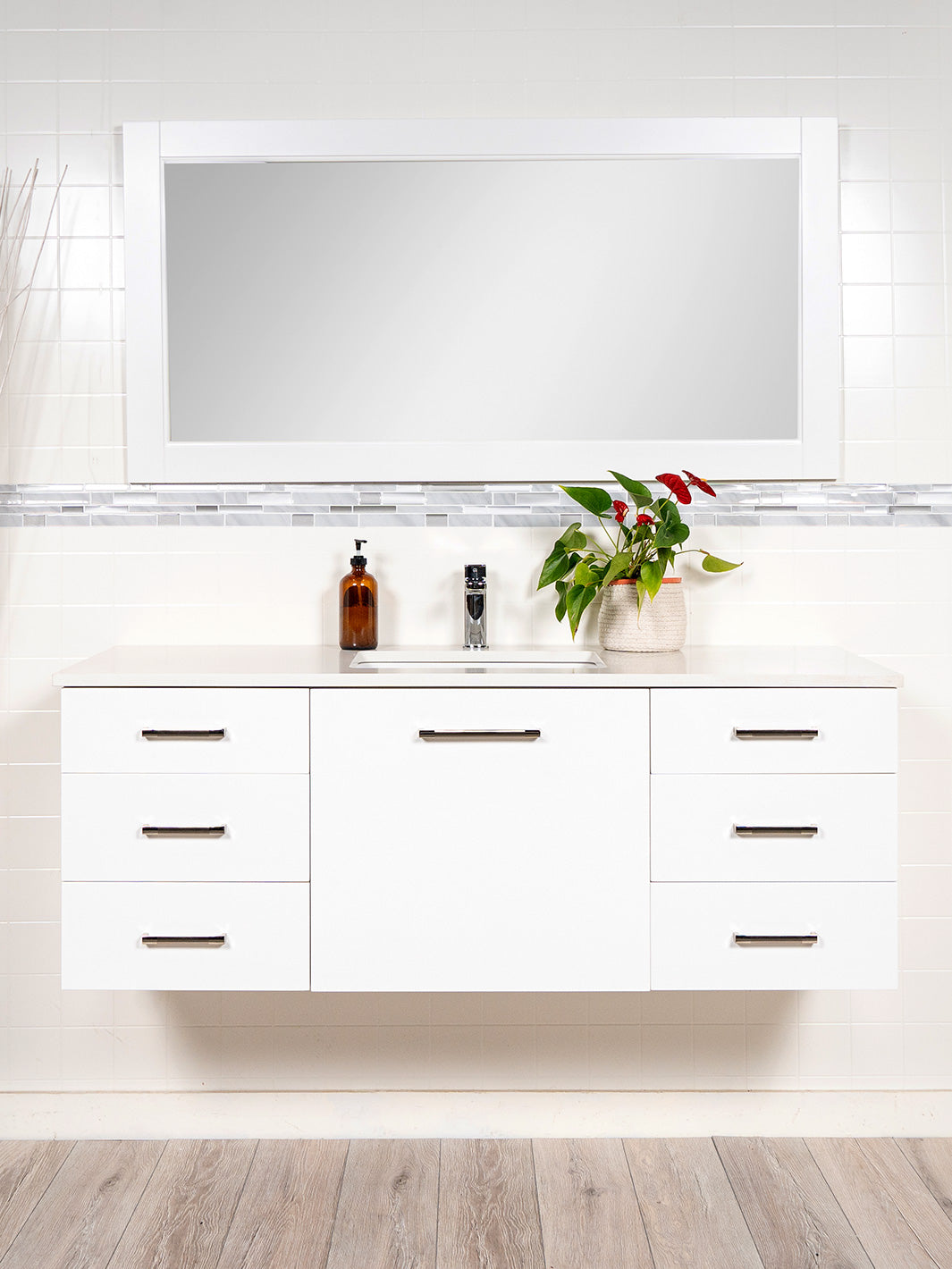 55 inch white floating vanity with drawers. white matching mirror