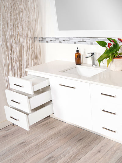 floating vanity three full extension drawers on either side