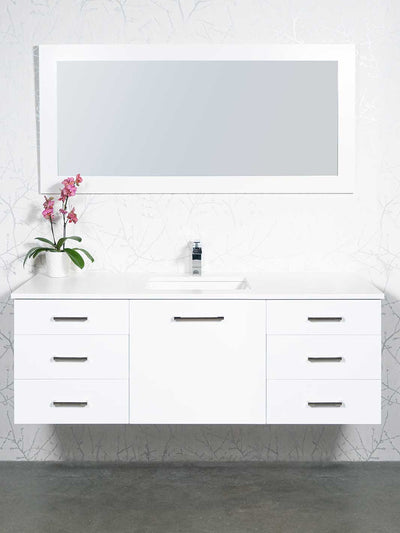 white wall hung vanity 59 inches with 3 drawers on either side and deep drawer in center. white counter