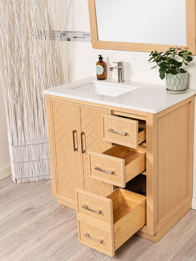 three drawers on right side of cabinet, the bottom one is double deep